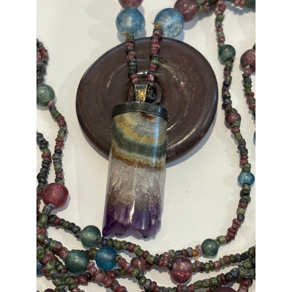 Vintage Boho Style Necklace Rainbow Fluorite & Molded Glass Beads Long - Picture 3 of 4